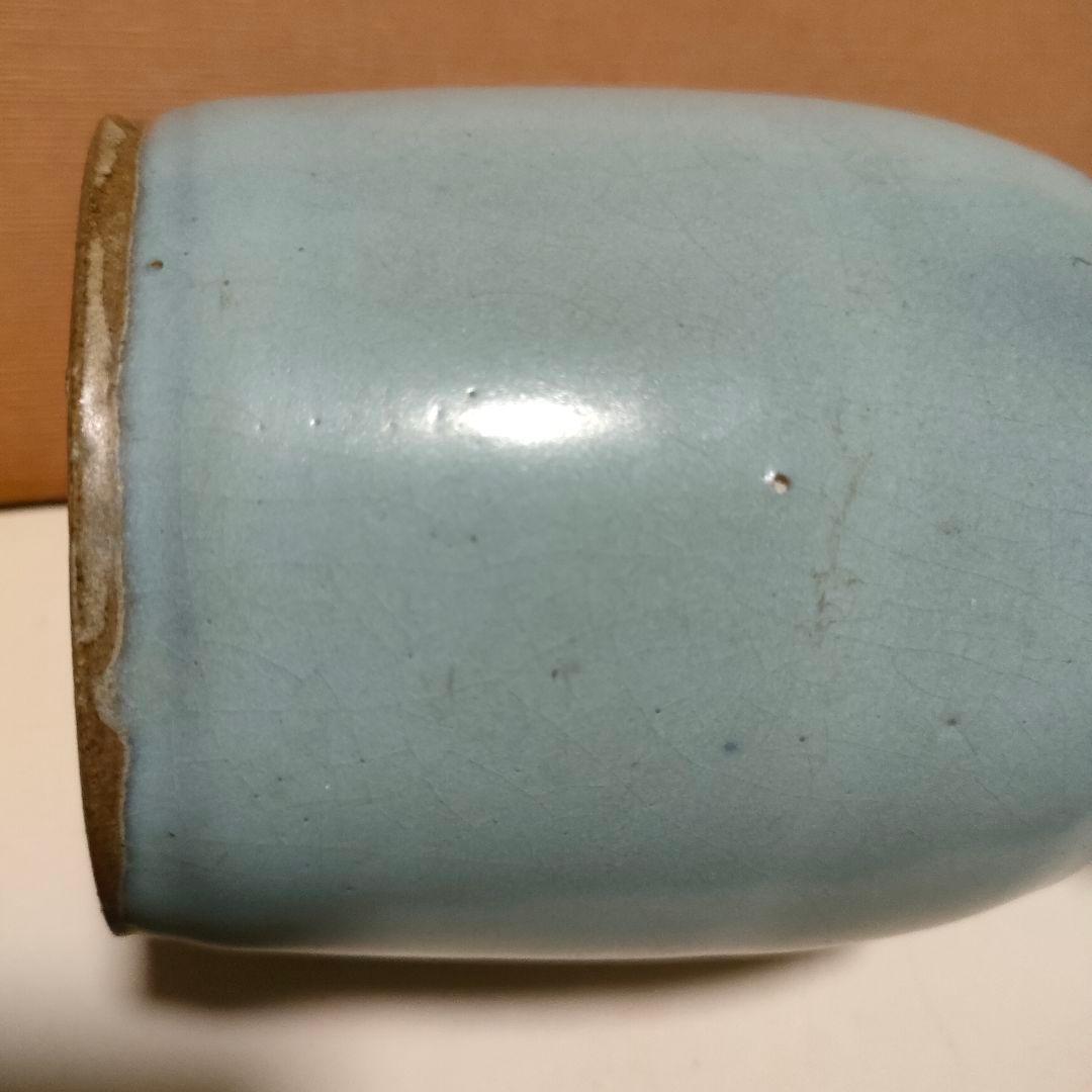 中国美術　月白釉　時代物　アンティーク　双耳花入　花瓶　仿汝窯　清朝