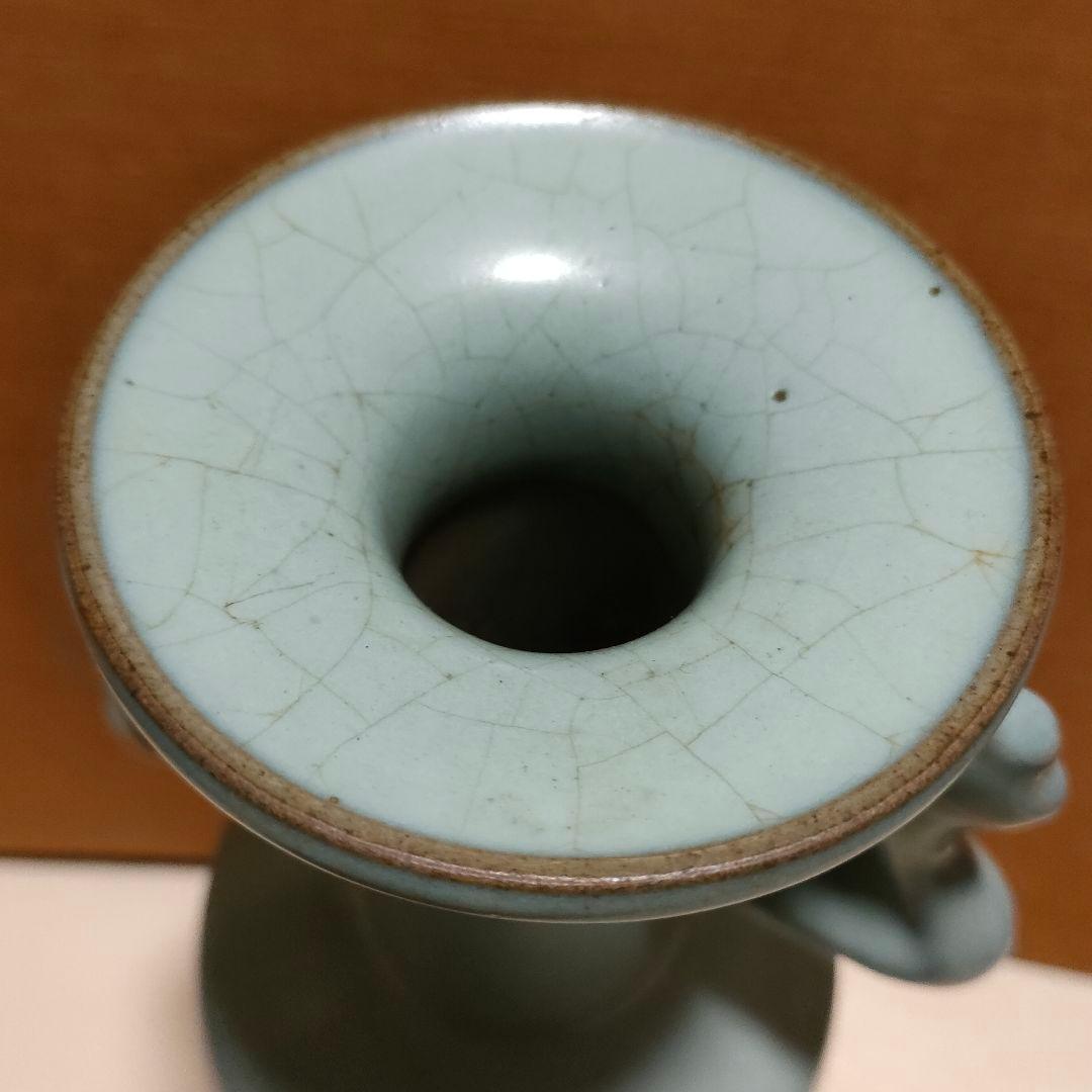 中国美術　月白釉　時代物　アンティーク　双耳花入　花瓶　仿汝窯　清朝