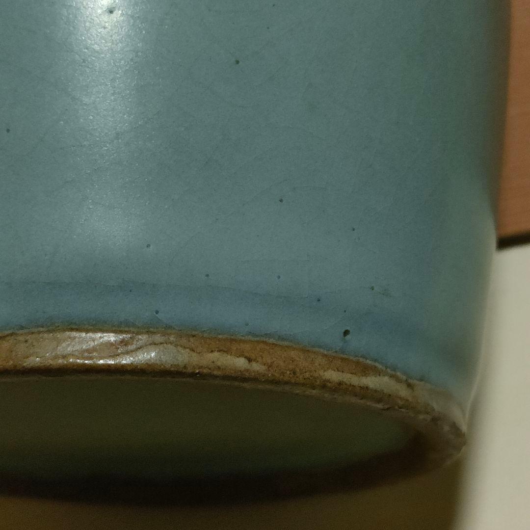 中国美術　月白釉　時代物　アンティーク　双耳花入　花瓶　仿汝窯　清朝