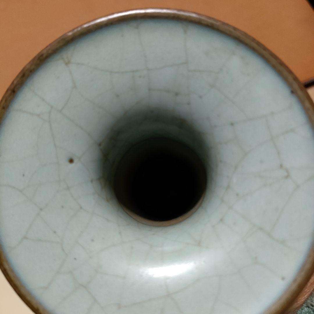 中国美術　月白釉　時代物　アンティーク　双耳花入　花瓶　仿汝窯　清朝