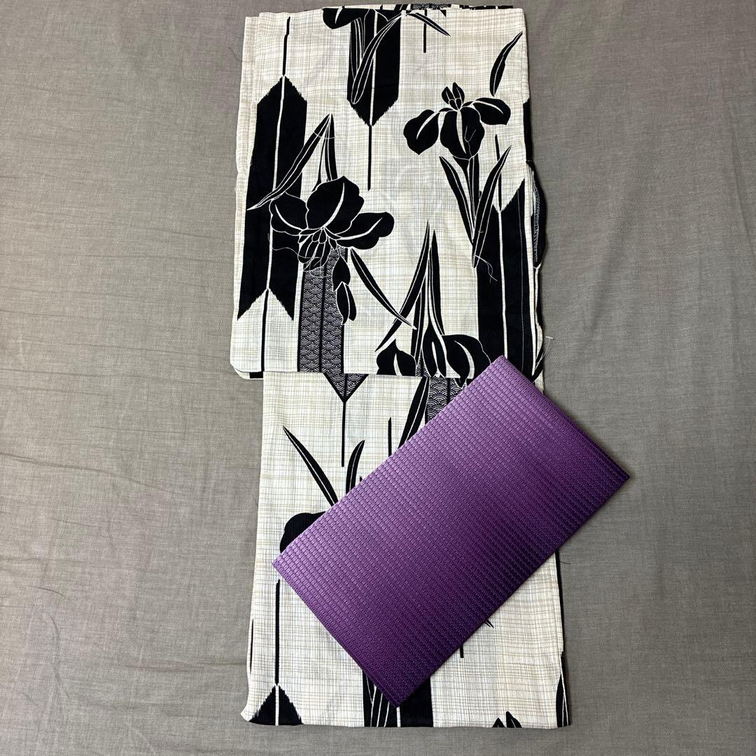 値下げ！紫はちす帯と下駄つき最高級【綿麻浴衣】黒アヤメ菖蒲浴衣