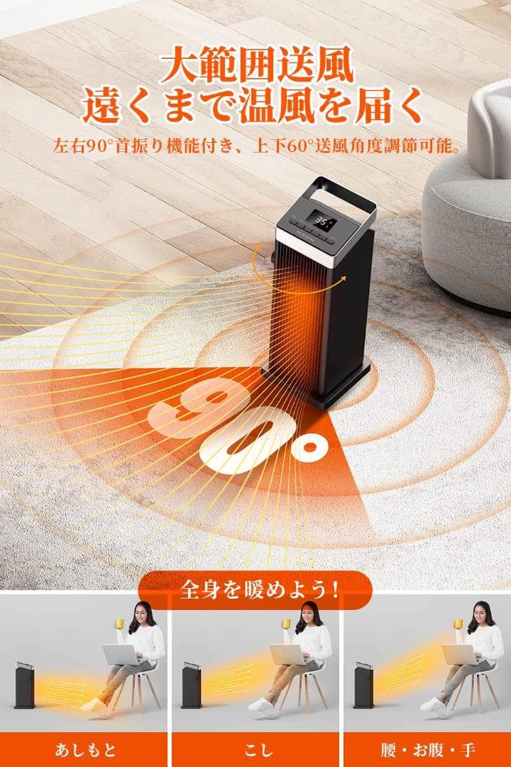 90°自動首振り リモコン付き小型セラミックヒーター