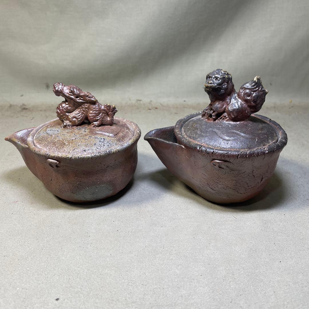 備前焼　備前手造り龍宝瓶　獅子宝瓶 在銘 ２点セット 煎茶器 急須 煎茶道具
