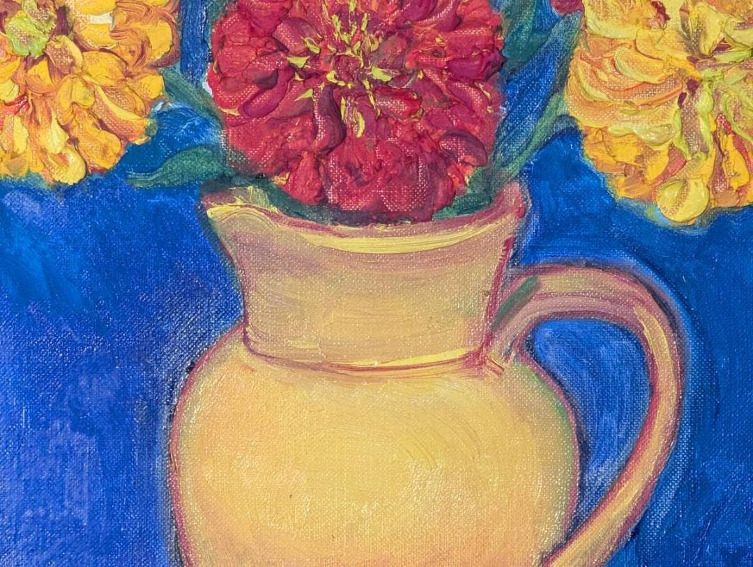 【真作】絵画　油彩4号　彩りの饗宴　花瓶に咲く華　鮮烈な赤と黄の花々　Y136