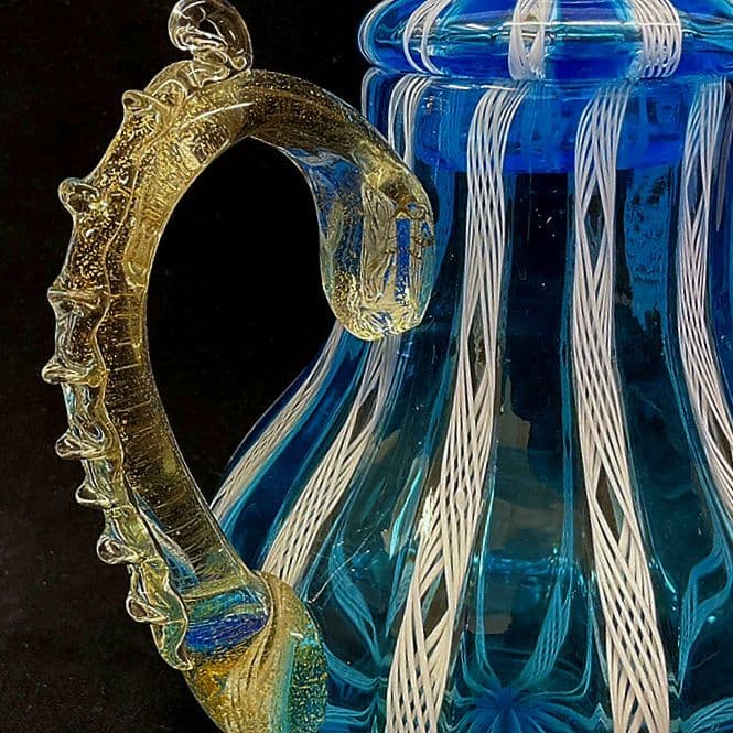 Murano ムラノ 金彩 蓋付き 水色 レース 水差し ピッチャー