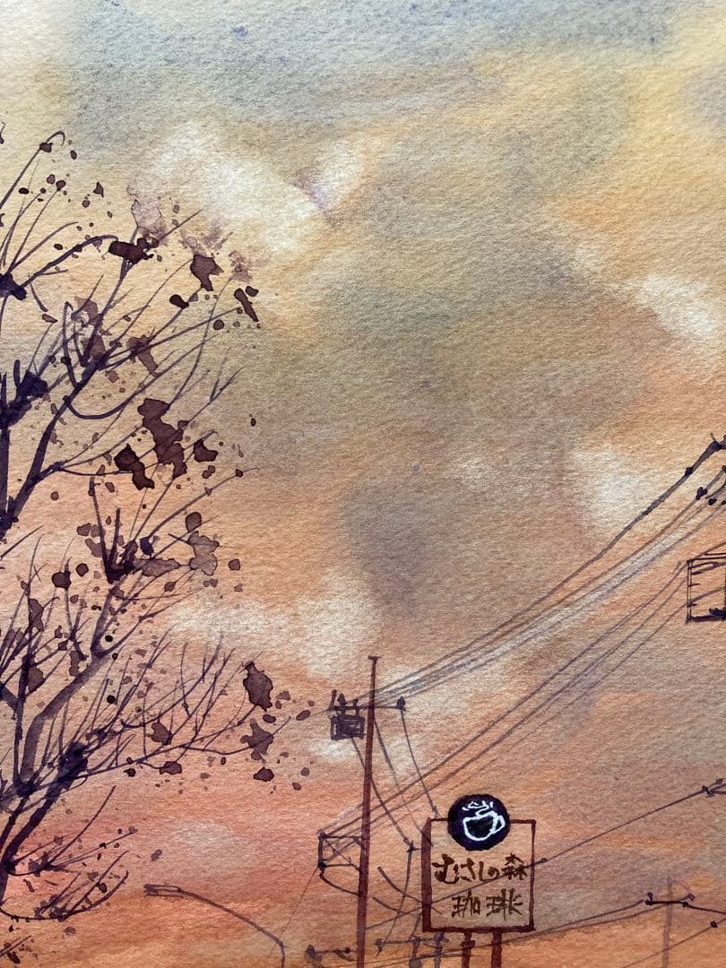 1093☆水彩画原画　風景画　夕景　［夕焼けのハナミズキ通り］