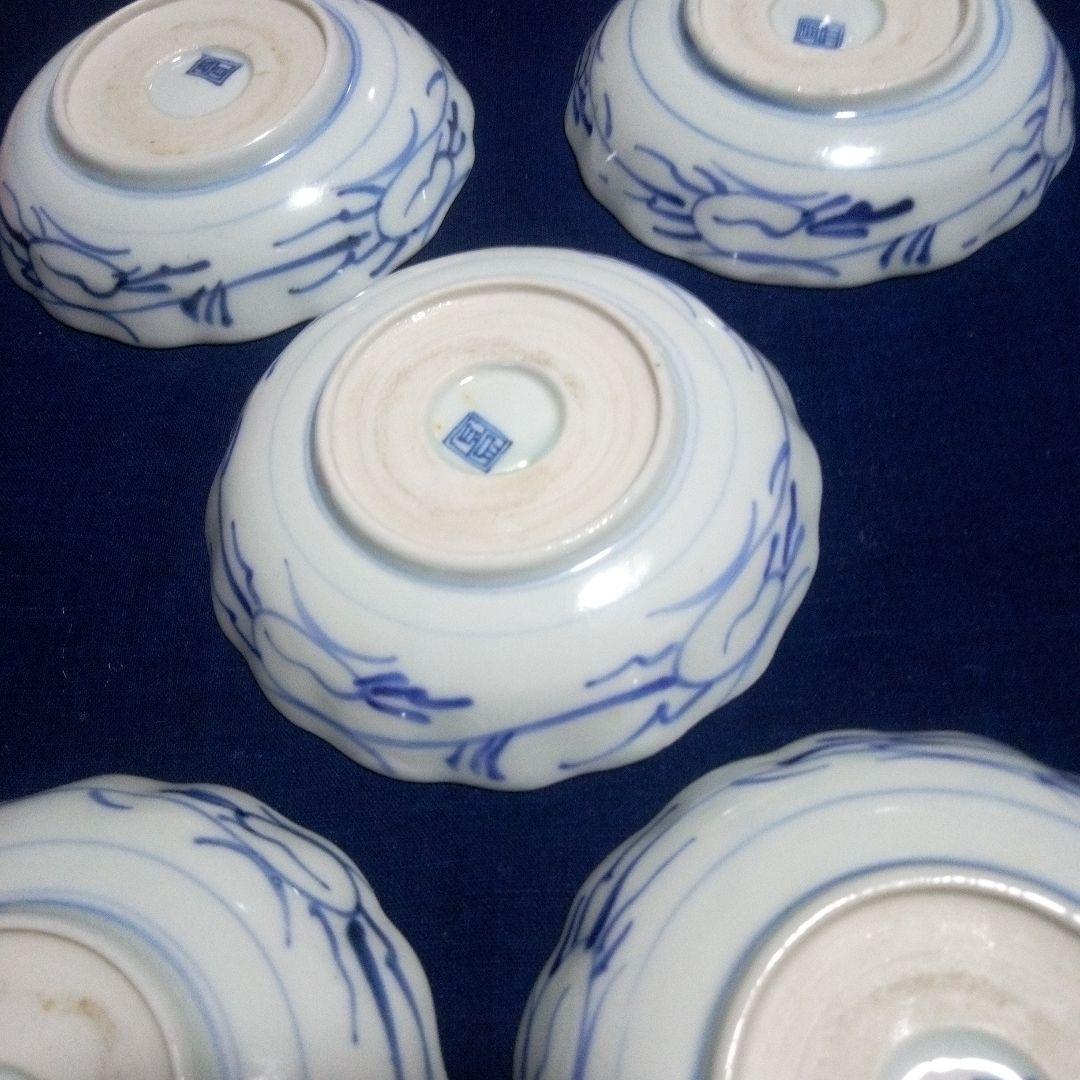 明治前期 古伊万里 なます皿 花文線描 ５枚