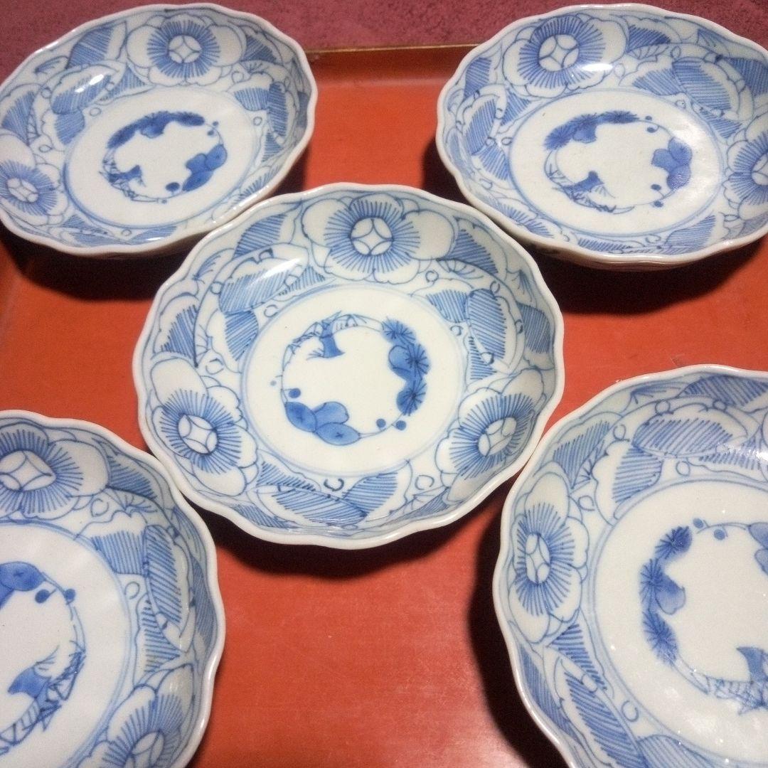 明治前期 古伊万里 なます皿 花文線描 ５枚