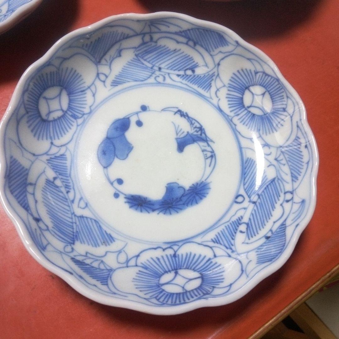 明治前期 古伊万里 なます皿 花文線描 ５枚