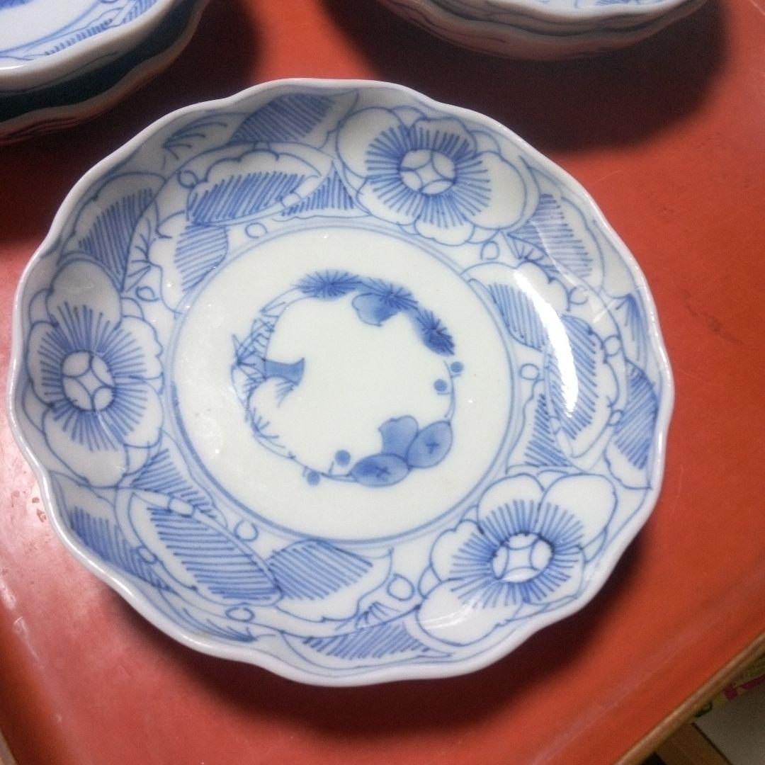 明治前期 古伊万里 なます皿 花文線描 ５枚