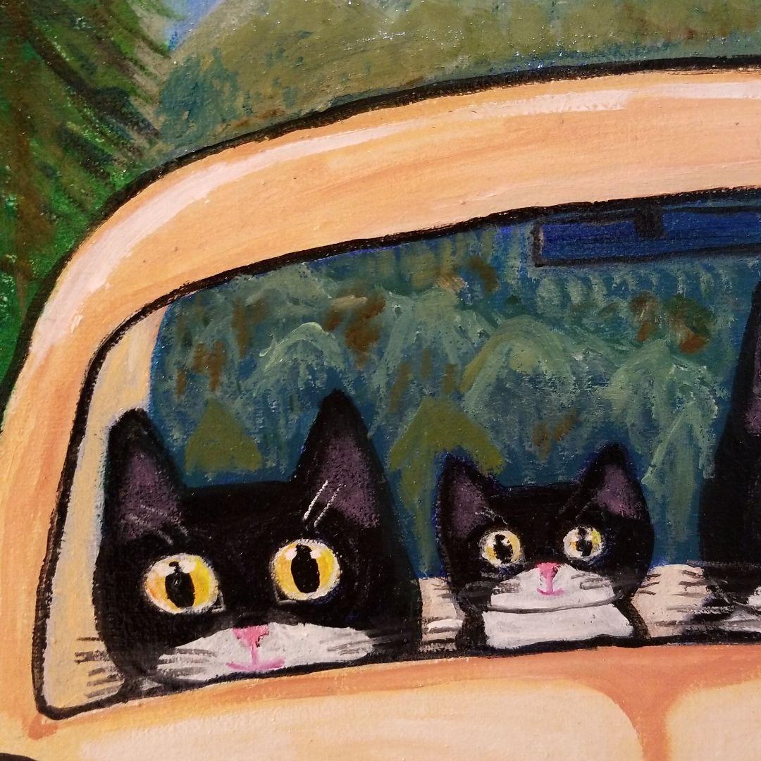 油絵　ボルボに乗る猫の家族