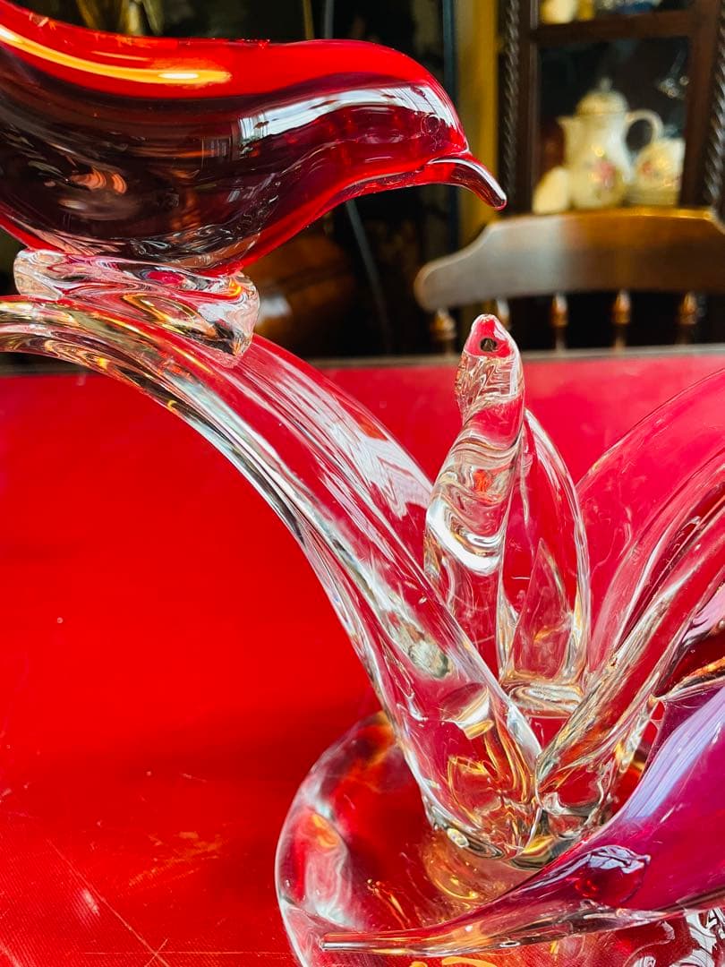 【美品】赤色　レッドガラス 小鳥　彫刻 置物　インテリア アンティーク