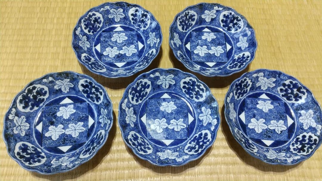５客　古伊万里　染付　葡萄紋　向付・皿・鉢　美品！