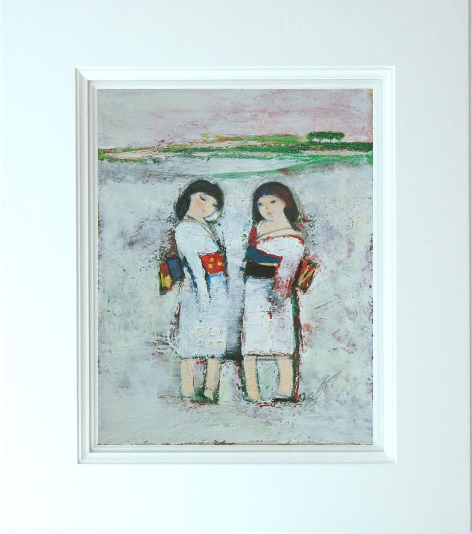 油絵 菅家令子 絵画インテリア額付(青緑＋金色の枠)uF6-071402雪国 女