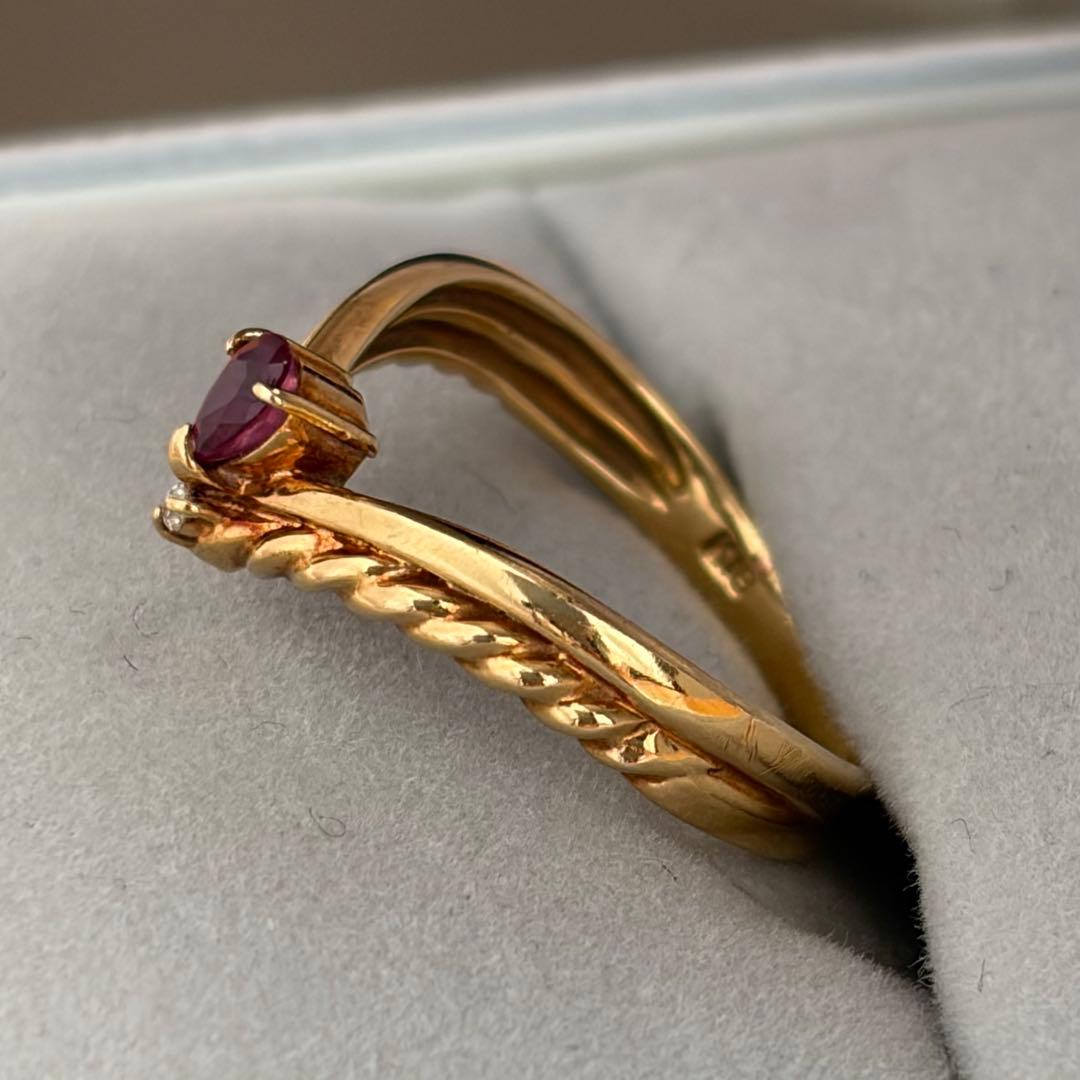 ルビー ダイヤモンド ゴールドリング 7号 K18 2.0g V字ツイスト