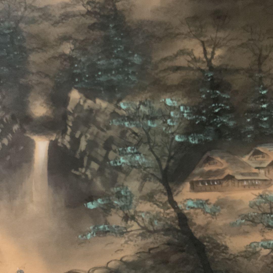 靖 観 筆 絹本彩色画山水図 長閑な山間の風景画 桐箱