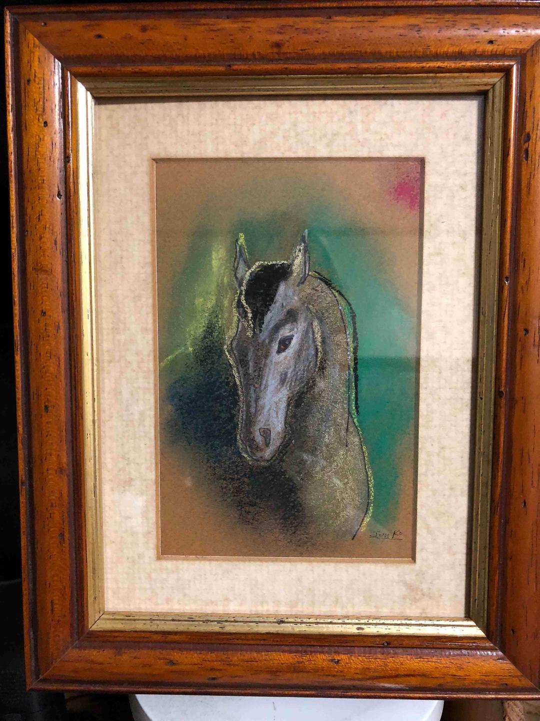 サラブレットの絵　芦毛の馬　額入り　1点もの　サイン入り