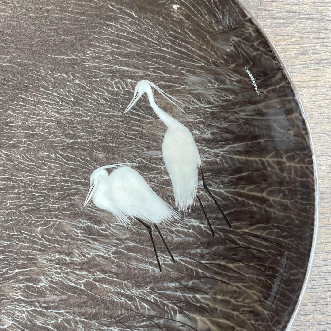 送料無料　十三代　横石臥牛　秀逸作　白鷺図　飾皿　現川焼　額皿　陶額