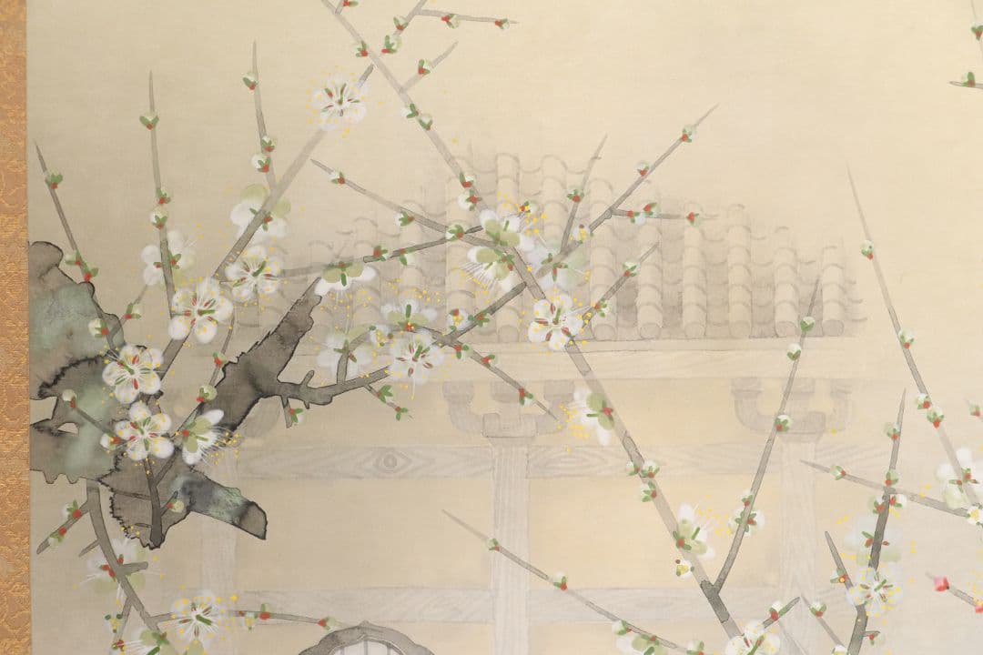 【真作】日本画 宮本昌雄「梅の寺」絹本 掛け軸 木箱 横物 MA434