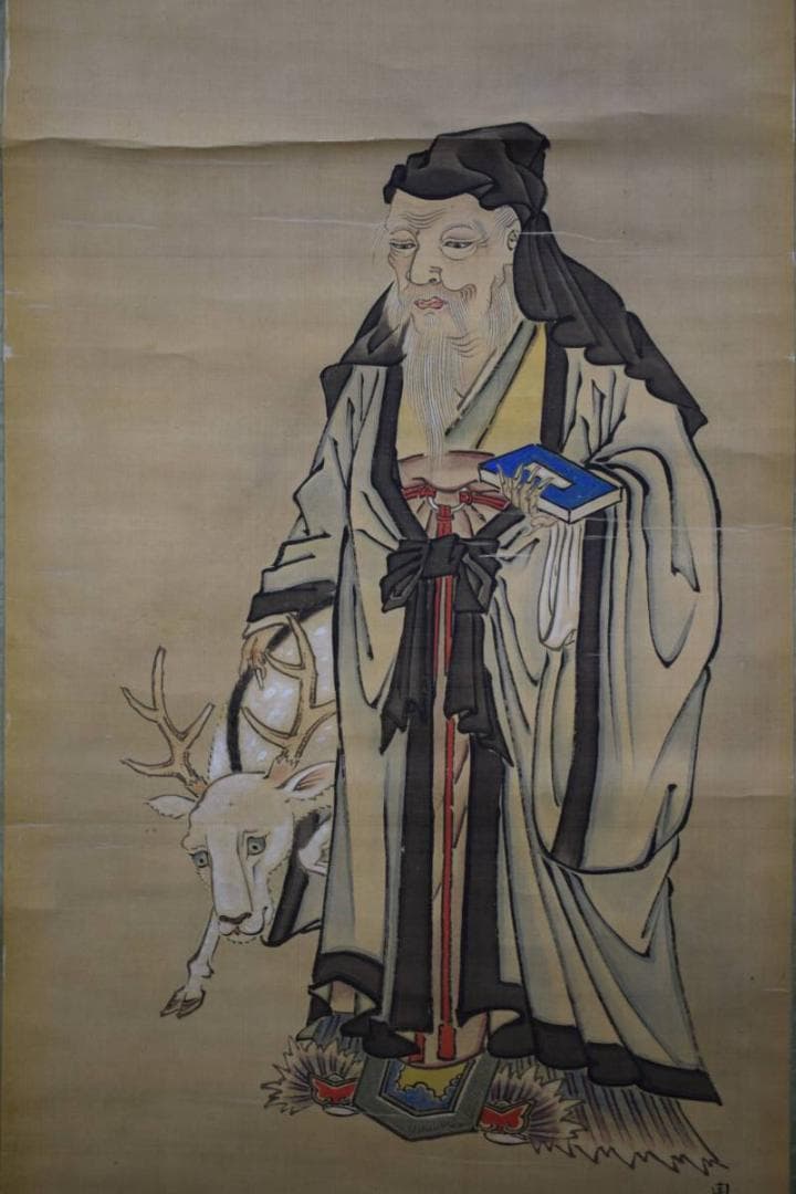 真作/周英/寿老人松鶴図/三福対/布袋屋掛軸HE-499