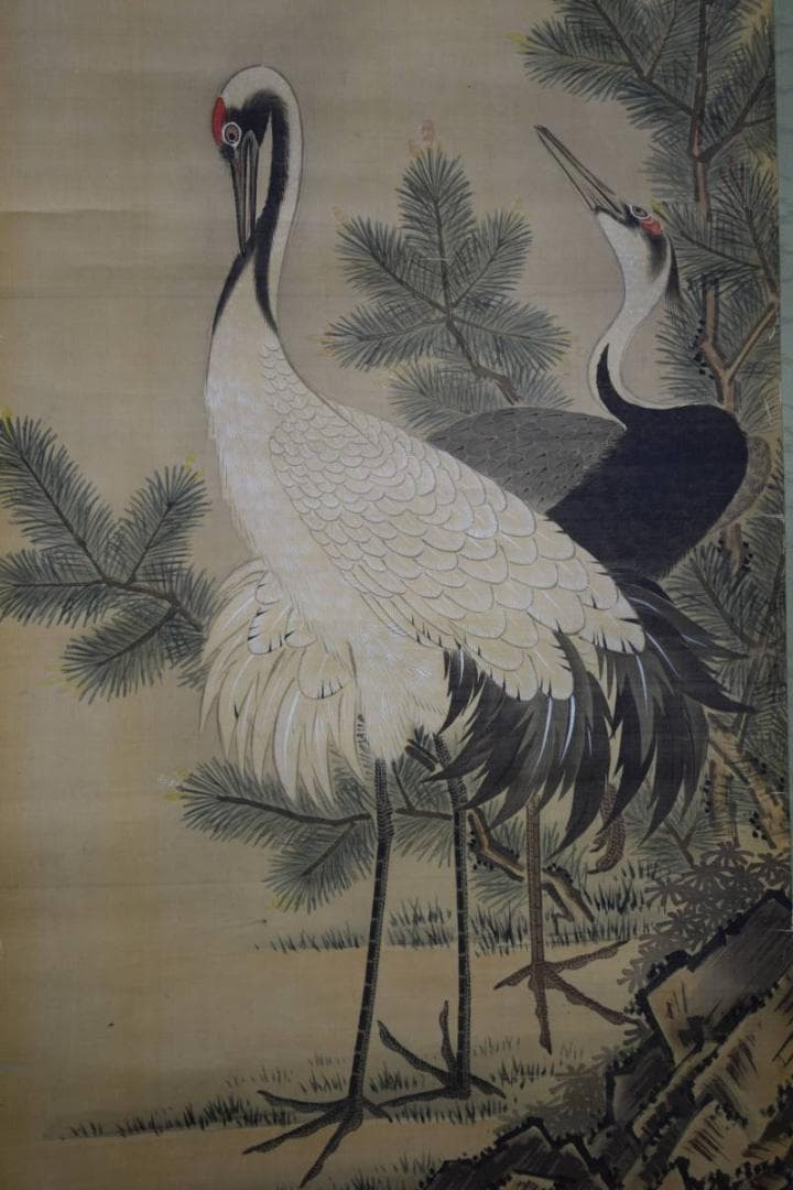 真作/周英/寿老人松鶴図/三福対/布袋屋掛軸HE-499