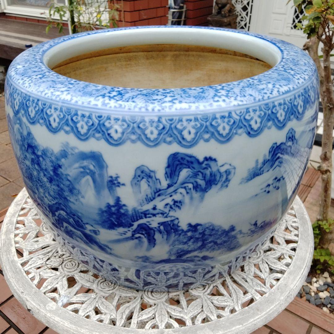 中国骨董50年以上旧蔵唐物 染付手絵山水紋大鉢 火鉢、金魚鉢、睡蓮鉢、水槽に兼用