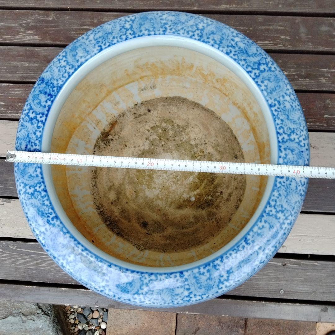 中国骨董50年以上旧蔵唐物 染付手絵山水紋大鉢 火鉢、金魚鉢、睡蓮鉢、水槽に兼用