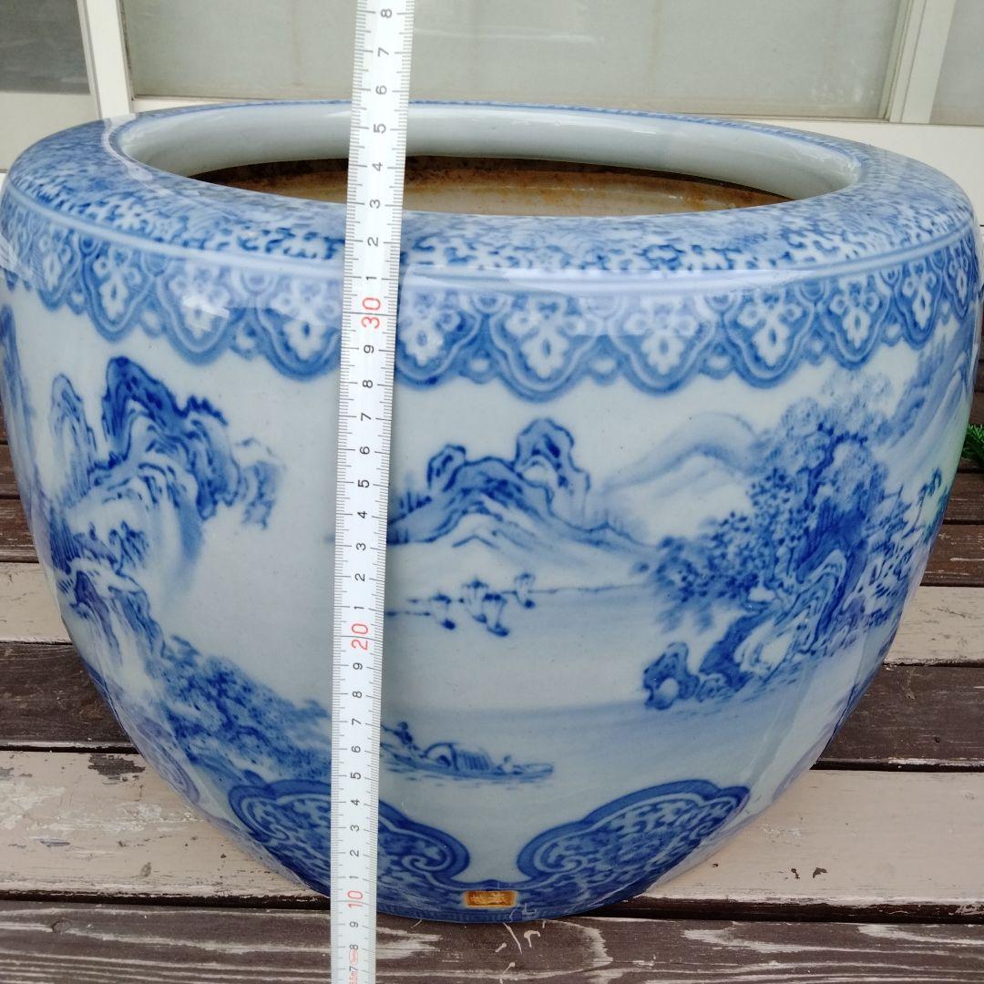 中国骨董50年以上旧蔵唐物 染付手絵山水紋大鉢 火鉢、金魚鉢、睡蓮鉢、水槽に兼用