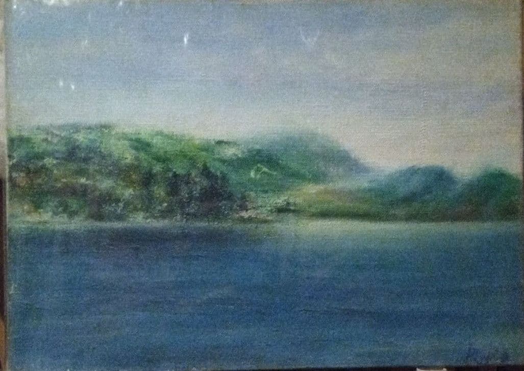 黒曜石とりに神津島へ　旧石器時代の景色　油彩　真作画　F4　清々しい汚染のない海