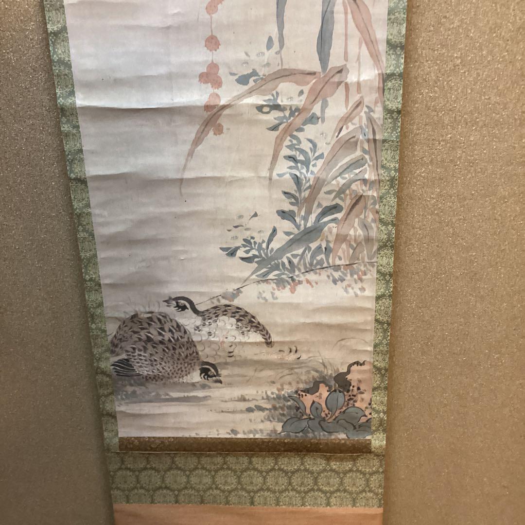 柳澤淇園　　紙本彩色画　茶掛軸　【　粟　に　鶉　図　】　肉筆画　　模写　NO39