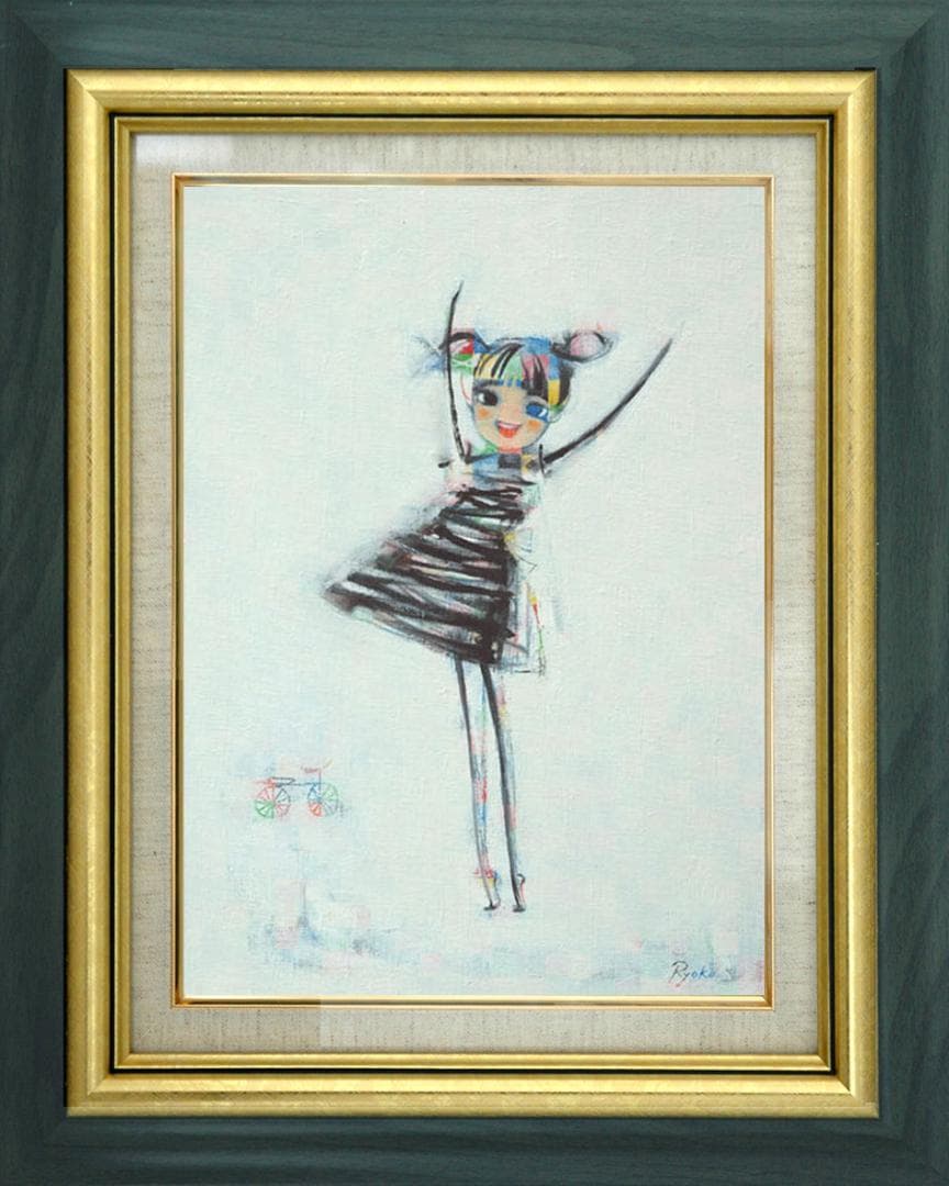 油絵 菅家令子 絵 絵画インテリア額付(青緑＋金色の枠)F4-08081 女の子