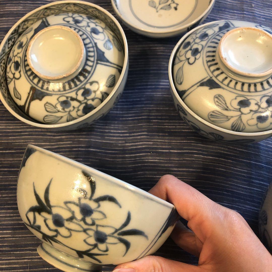 江戸後期時代染め付け茶碗蓋5個セット