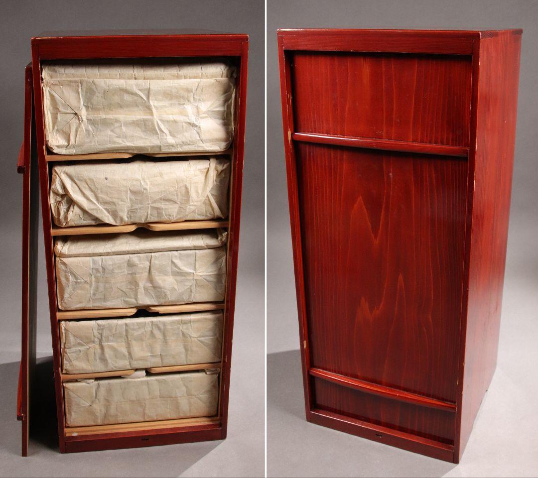 M486 輪島塗 八重門彦助 梅鉢家紋 蔦 宝尽くし金蒔絵 黒塗五段重 梨子地