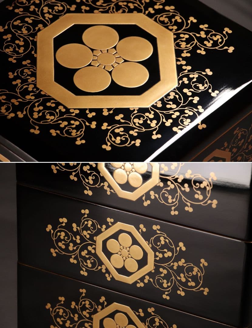 M486 輪島塗 八重門彦助 梅鉢家紋 蔦 宝尽くし金蒔絵 黒塗五段重 梨子地