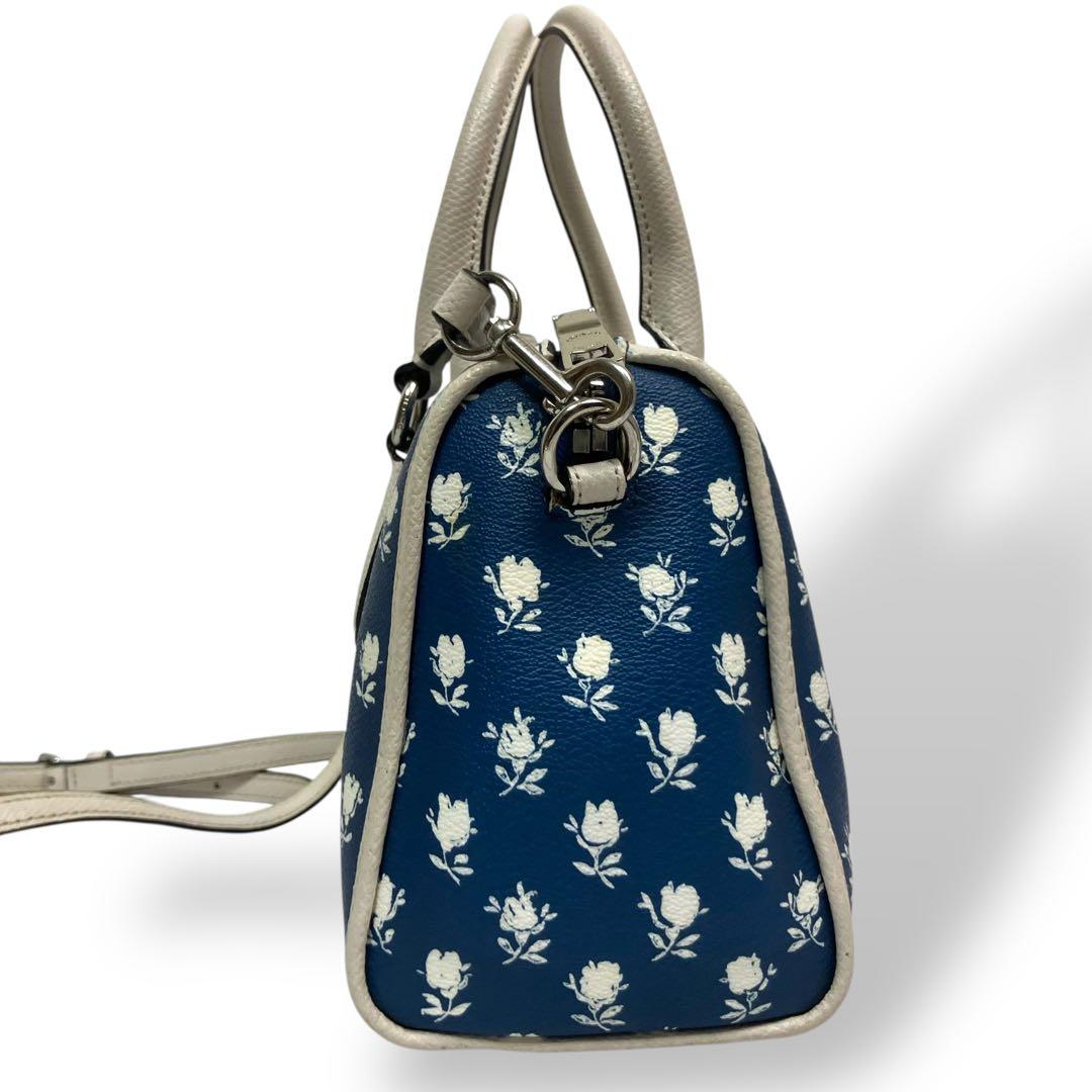 【美品】Coachコーチ　ミニボストンバッグ 花柄　ブルー　PVC 2way
