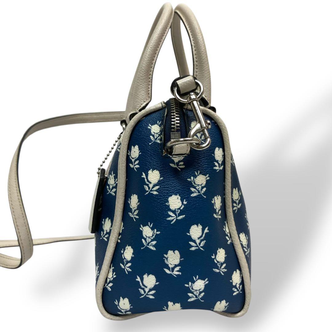 【美品】Coachコーチ　ミニボストンバッグ 花柄　ブルー　PVC 2way