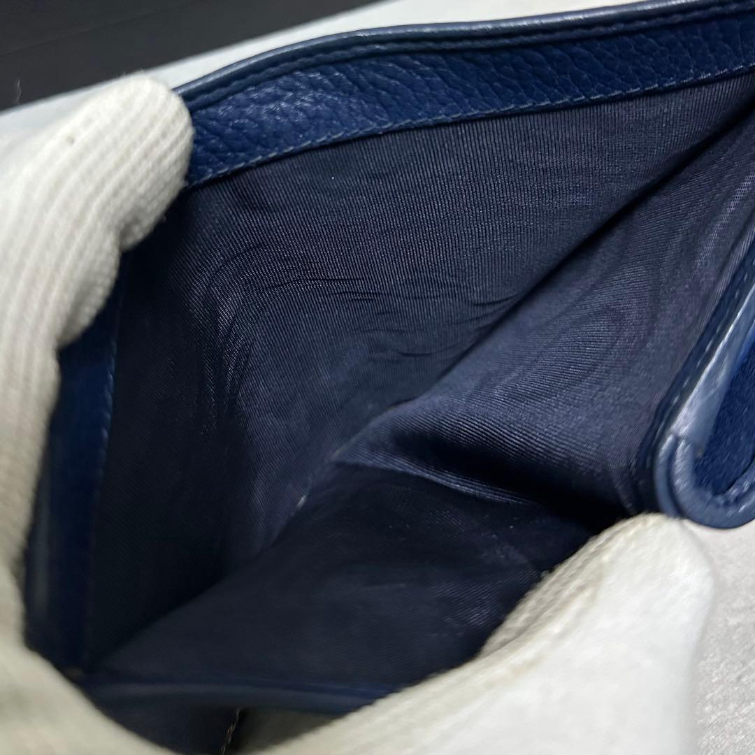 PRADA プラダ　折り財布　ラウンドファスナー　ブルー　ゴールドロゴ シボ革