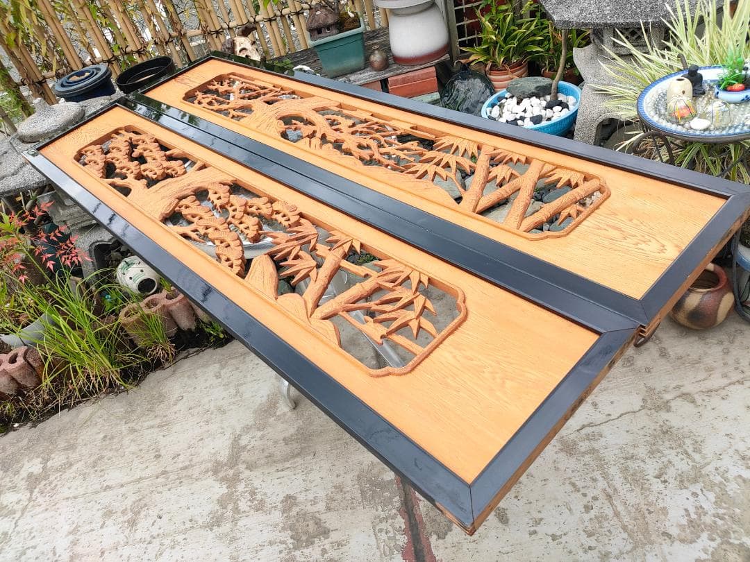 《引取り限定》高級欄間☆松竹梅☆透かし彫り工芸1845x30x380☆木彫り彫刻