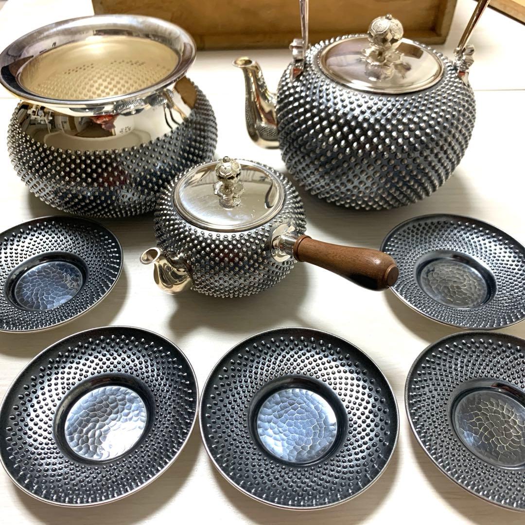 純銀刻印秀峰作茶器セット共箱付 重量1338g 煎茶道具骨董工芸最終価格３５万円