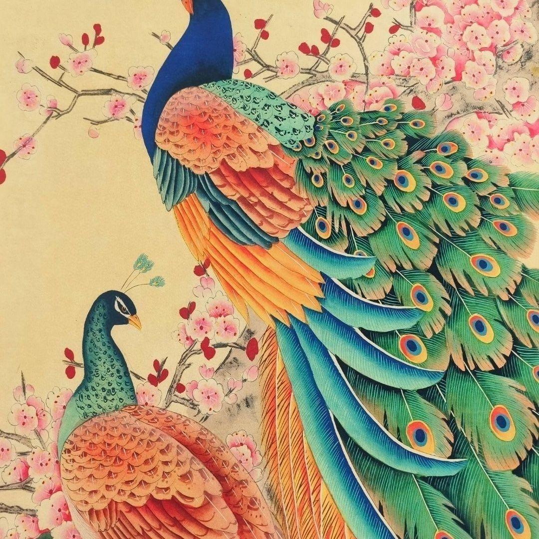 【掛軸・劉奎齢風】上林春色 孔雀図 中堂掛軸 証書付 168×65 装飾アート