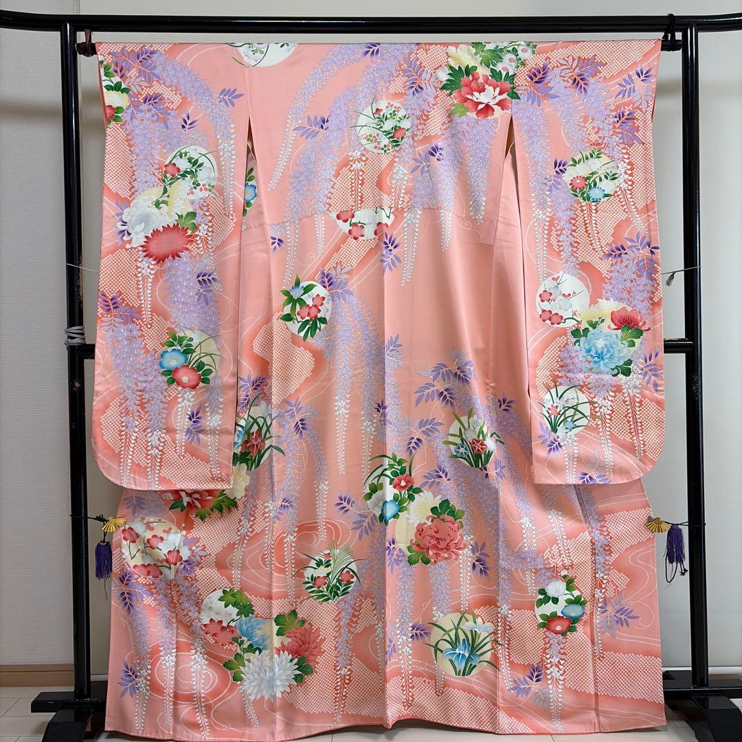 ■E5322■美品■正絹■珊瑚色 藤に花尽くし　袷　振袖■丈165　裄64.5