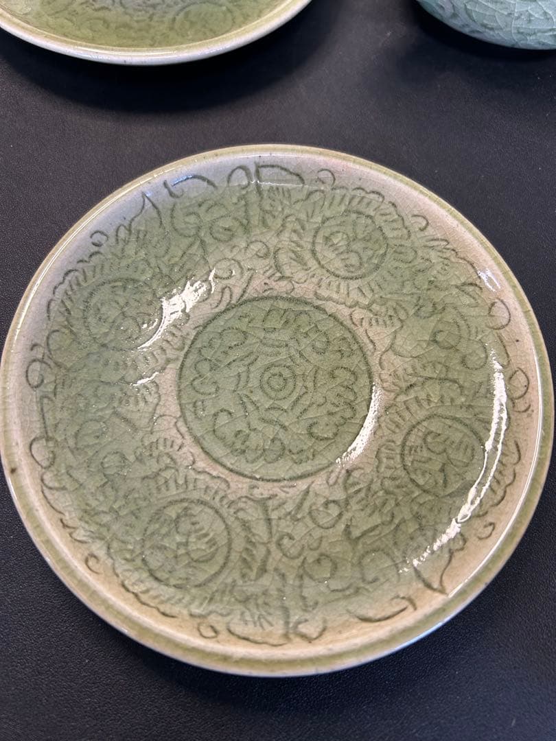 未使用保管品青磁タイセラドン焼きセット　旧家蔵出し、掘出し物、お茶、コーヒー