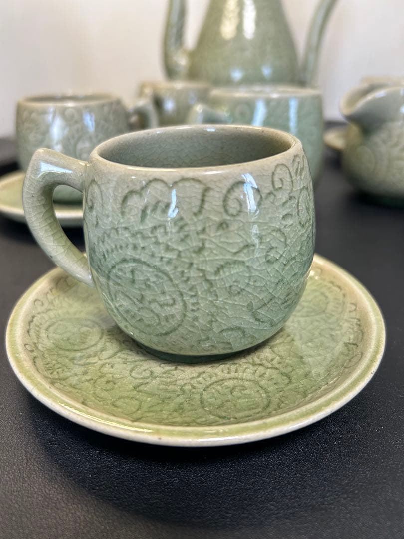 未使用保管品青磁タイセラドン焼きセット　旧家蔵出し、掘出し物、お茶、コーヒー