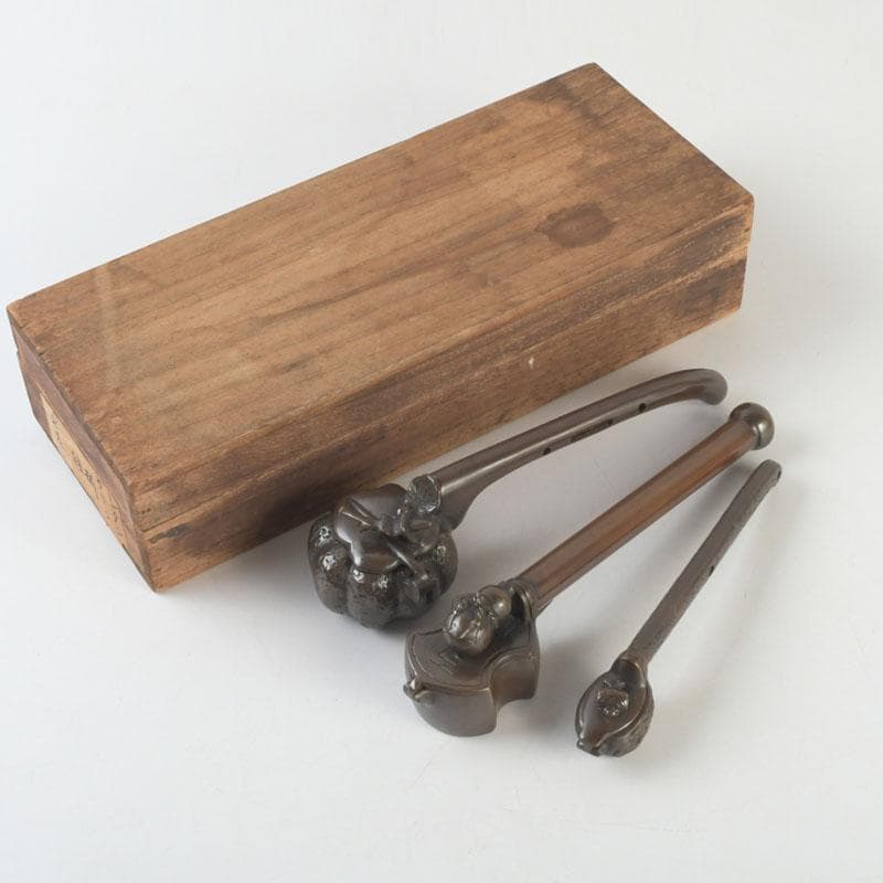 時代提げ物　書道具　古銅　矢立　3点　まとめて　時代箱付　M　9281