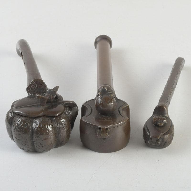 時代提げ物　書道具　古銅　矢立　3点　まとめて　時代箱付　M　9281