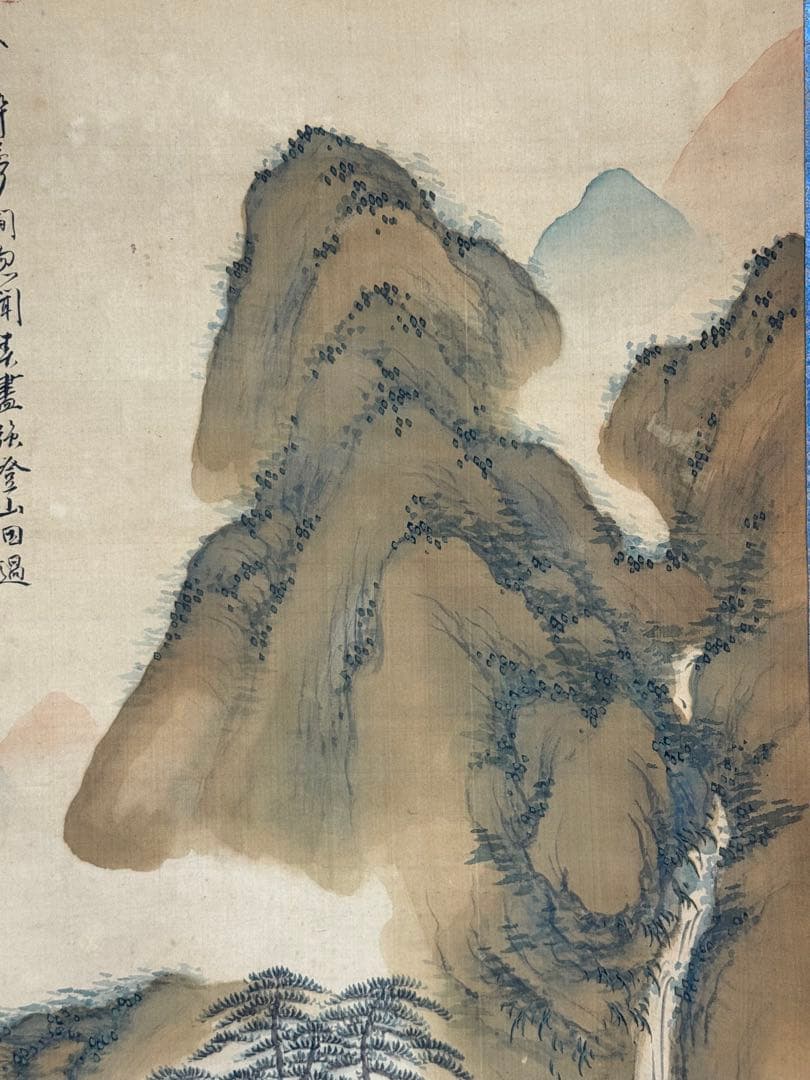 絹本肉筆　青緑山水　藍濤落款　掛軸　木箱入　送料込み250622