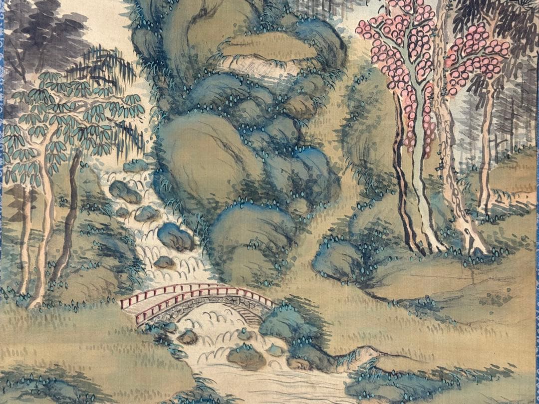 絹本肉筆　青緑山水　藍濤落款　掛軸　木箱入　送料込み250622