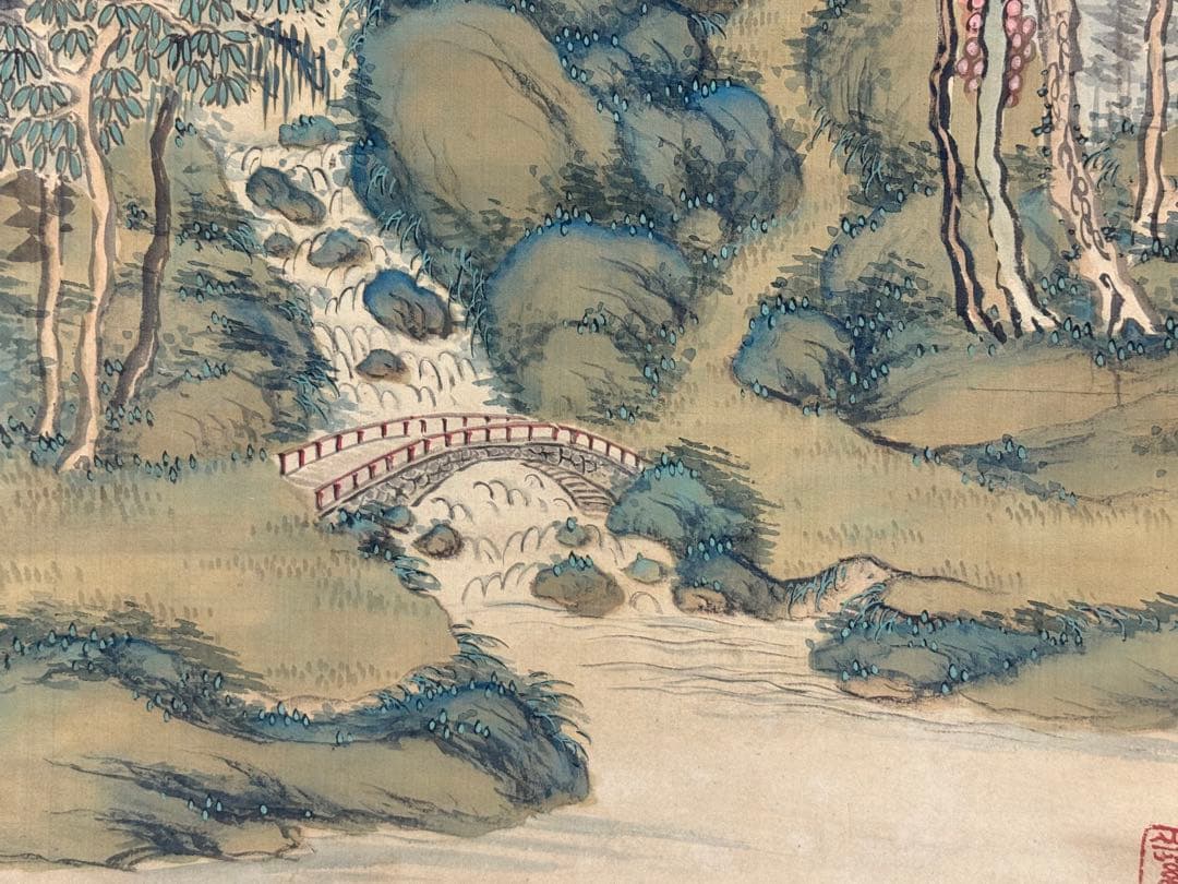 絹本肉筆　青緑山水　藍濤落款　掛軸　木箱入　送料込み250622