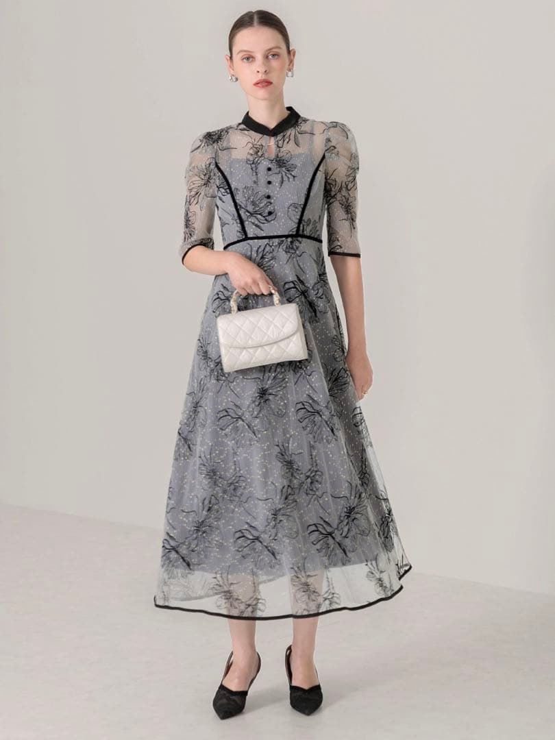 パイピングハイネック花柄ラメレースワンピースドレス結婚式二次会成人式パーティー