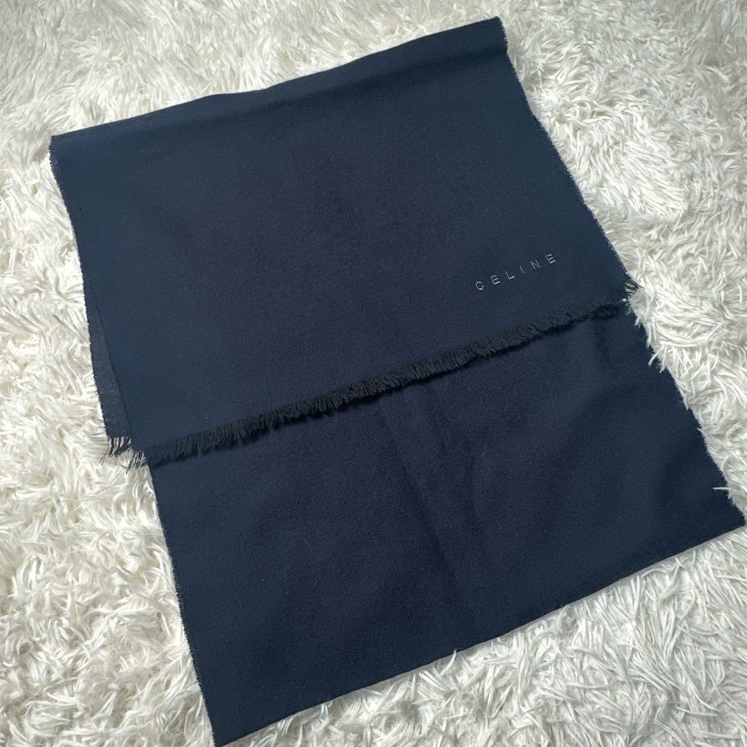 希少 CELINE ネイビー マフラー ストール フリンジ付き Cマカダム柄